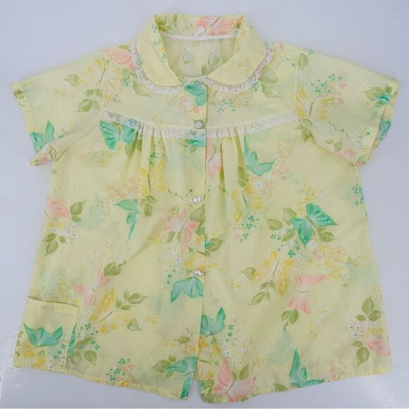 Vintage Button Up Pajama Top Peter Pan Collar Lace Butterflies Yellow Size L - Picture 1 of 10